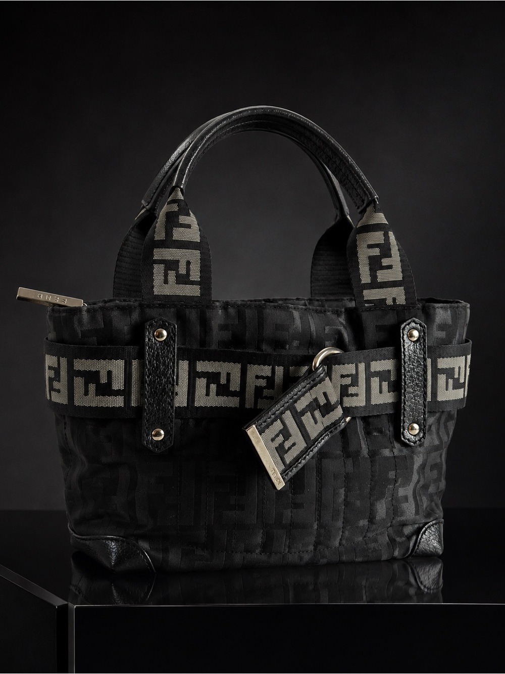 Fendi Vintage FF Zucca Black Nylon Belted Mini Tote Bag Y2K